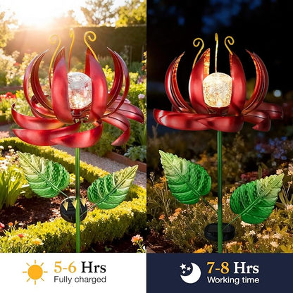 Solar Yard Lights Wind Spinners- Metal Lotus Flower Garden Decor LED Crackle Glass Globe Yard Art Sculpture Solar Stake Lights for Patio Pathway Lawn Walkway (Red-Large)