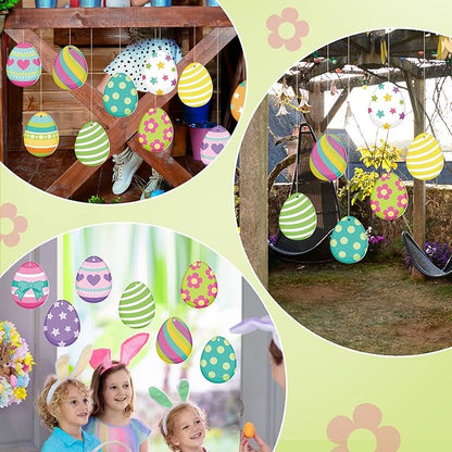 Ferraycle 16 Pcs Easter Decorations Outdoor Easter Eggs Hanging Yard Signs 7.9 Inch Large Colorful Egg Shaped Double Sided Plastic Slices Ornaments for Tree Porch Yard Outside Party Decor(Vibrant Egg)