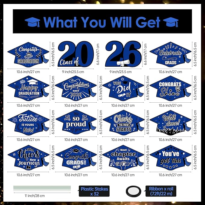 16 Pieces 2026 Graduation Yard Signs Plastic Congrats Grad Decor with 32 Stake and Ribbon Graduate Cap Hanging Yard Sign for Party Outdoor Lawn Pathway Walkway Decorations(Blue and Black)