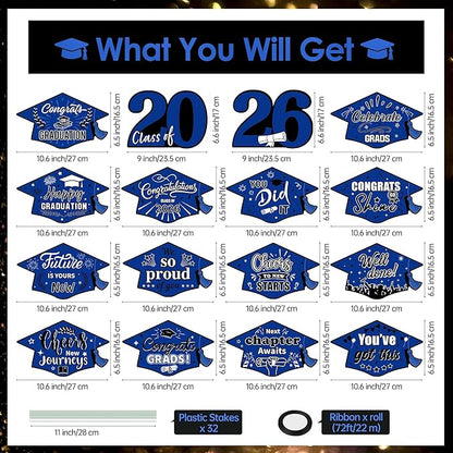 16 Pieces 2026 Graduation Yard Signs Plastic Congrats Grad Decor with 32 Stake and Ribbon Graduate Cap Hanging Yard Sign for Party Outdoor Lawn Pathway Walkway Decorations(Blue and Black)