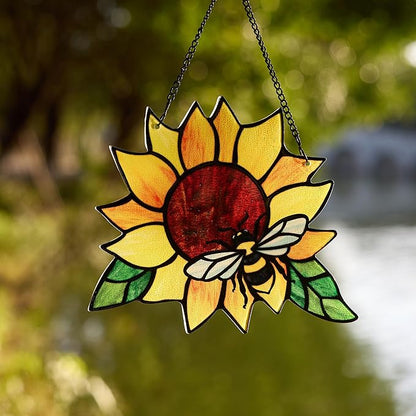 Stained Glass Suncatcher, Sunflower and Ladybug Window Hanging, Hand-Painted (Style 3)