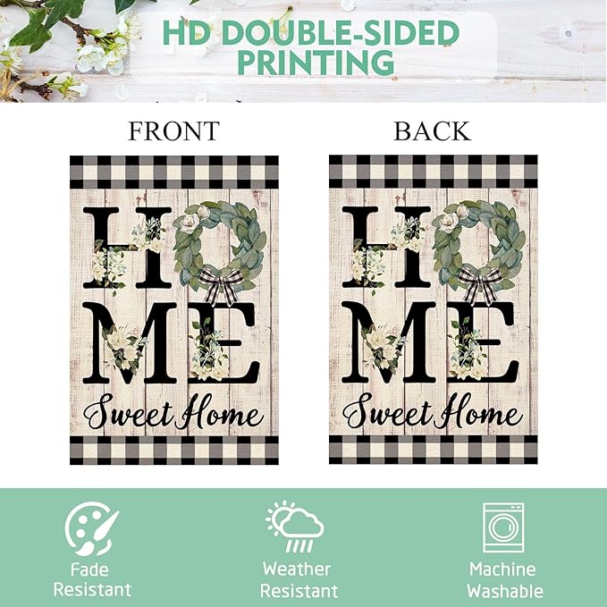 ORTIGIA Summer House Flag Burlap Vertical Double Sided 28 x 40 Inch Home Sweet Home Magnolia Large House Flag Spring Farmhouse Rustic Buffalo Check Plaid Home Front Yard Patio Outside Outdoor Decor