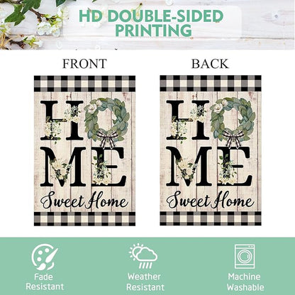 ORTIGIA Home Sweet Home Magnolia Garden Flag Double Sided 12.5x18 Inch Spring Summer Buffalo Plaid Check Small Yard Flag Burlap Vertical Farmhouse Rustic Outside Outdoor Lawn Patio Decor