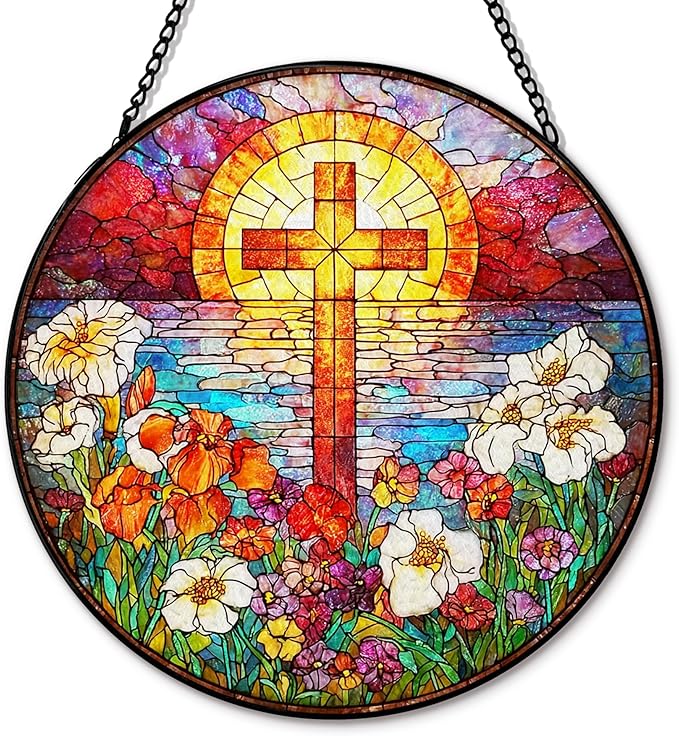 Flower Cross Suncatcher Stained Glass Window Hanging, Christian Wildflower Sunset Landscape Sun Catchers Indoor Window Glass Round Wall Decor, Religious Wall Art Hanging Decorations, ＂7.8x7.8＂