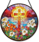 Flower Cross Suncatcher Stained Glass Window Hanging, Christian Wildflower Sunset Landscape Sun Catchers Indoor Window Glass Round Wall Decor, Religious Wall Art Hanging Decorations, ＂7.8x7.8＂