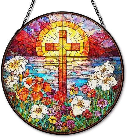 Flower Cross Suncatcher Stained Glass Window Hanging, Christian Wildflower Sunset Landscape Sun Catchers Indoor Window Glass Round Wall Decor, Religious Wall Art Hanging Decorations, ＂7.8x7.8＂