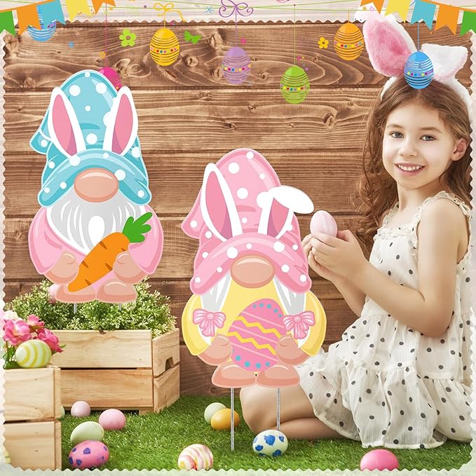 2 Pcs Easter/Spring Outdoor Decorations 16 Inch Easter Yard Signs Metal Pastel Gnome/Rustic Bunny/Lavender Garden Stakes for Home Outside Pathway Lawn Backyard Patio Farmhouse Party Decor(Gnome)