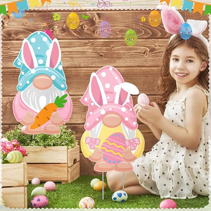 2 Pcs Easter/Spring Outdoor Decorations 16 Inch Easter Yard Signs Metal Pastel Gnome/Rustic Bunny/Lavender Garden Stakes for Home Outside Pathway Lawn Backyard Patio Farmhouse Party Decor(Gnome)