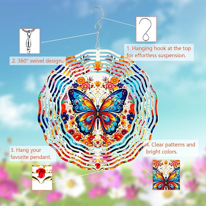 Butterfly Wind Spinner Outdoor Garden Decor, 10 inch 3D Stainless Steel Hanging Wind Spinner, Kinetic Art Garden Yard Decoration, Gift for Woman