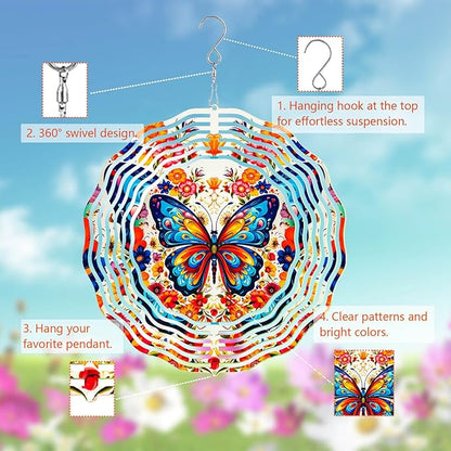 Butterfly Wind Spinner Outdoor Garden Decor, 10 inch 3D Stainless Steel Hanging Wind Spinner, Kinetic Art Garden Yard Decoration, Gift for Woman