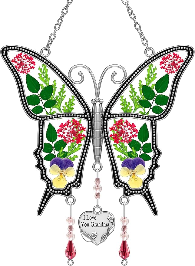 KY&BOSAM Butterfly Suncatcher I Love You Grandma Stained Glass for Windows Hangings Wind Chimes with Pressed Flower and Metal Heart Charm for Mom Birthday Valentines Day Decor