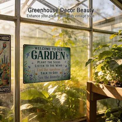 Garden Signs Garden Decor for Outside - Welcome To Our Garden Tin Sign, Vintage Gardening Signs Gifts for Plant Lovers Women Gardeners 12x8 Inch