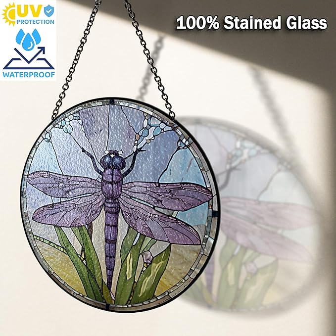 7.8" Dragonfly Stained Glass Suncatchers Art Glass Dragonflies for Sun Catcher Indoor Window Gifts for Pet Animal Nature Floral Lovers Women Grandma Mom Friend Painted Panel Décor BUG-07C-SG8
