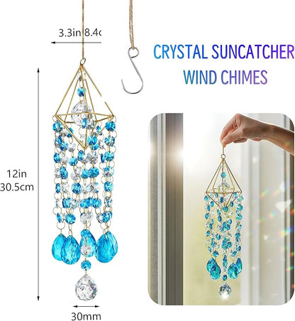 HDCRYSTALGIFTS 21.5'' Crystal Suncatchers, Handmade Blue Suncatcher for Window Hanging Crystal Wind Chimes Gold-Plated Sun Catcher with Crystals Indoor Outdoor Decoration Rainbow Maker