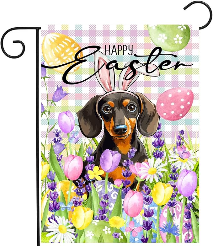 Happy Easter Dog Garden Flag Dachshund Spring Flags Buffalo Plaid Bunny Eggs Yard Flag for Outside 12x18 Double Sided Small Decorative Floral Outdoor Flag