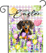 Happy Easter Dog Garden Flag Dachshund Spring Flags Buffalo Plaid Bunny Eggs Yard Flag for Outside 12x18 Double Sided Small Decorative Floral Outdoor Flag