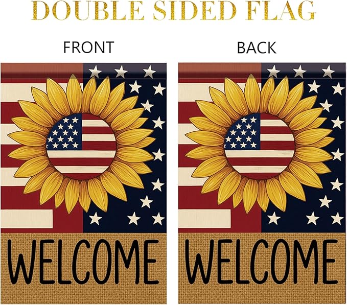 Spring Summer Garden Flag 12x18 Inch Patriotic Sunflower Welcome American Outdoor Stars Stripes Rustic Burlap Style Outdoor Yard Porch Lawn for Seasonal Americana Home Decor
