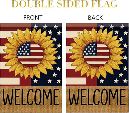 Spring Summer Garden Flag 12x18 Inch Patriotic Sunflower Welcome American Outdoor Stars Stripes Rustic Burlap Style Outdoor Yard Porch Lawn for Seasonal Americana Home Decor