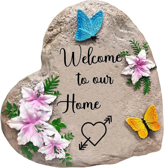Welcome to Our Home-Resin Stepping Stone,Outdoor Garden Pathway Decoration,Heart Shaped Decorative Stone for Garden,Walkway Sculpture Yard Art for Patio,Home Decor