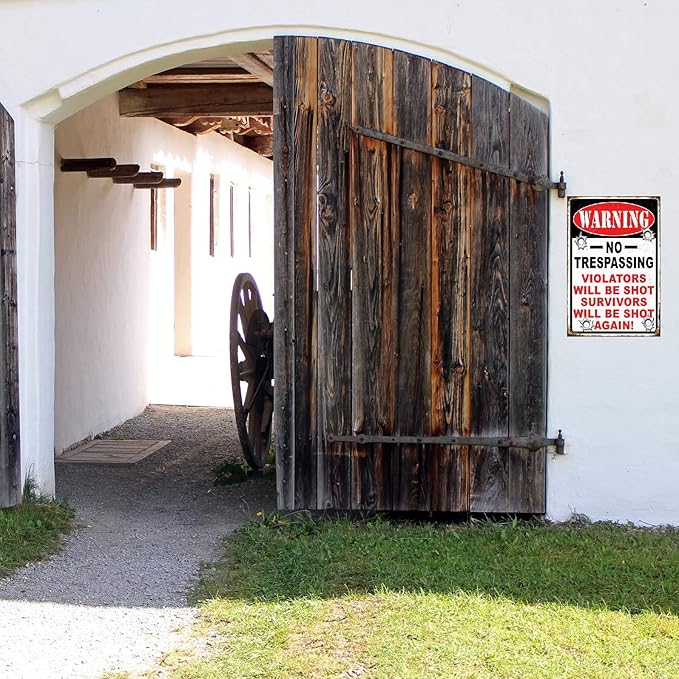 Funny No Trespassing Sign, Metal Warning Tin Signs, Violators will be shot Survivors will be shot again, Yard Sign Garage Farm Garden Wall Decor Sign Plaque Outdoor for Home Fence 8 X 12 Inches