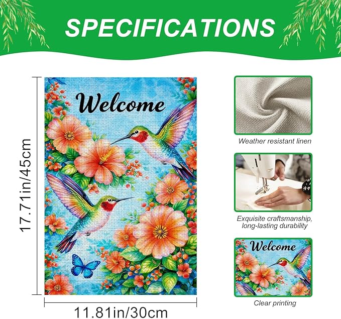 IVN Hummingbird Garden Flag 12x18 Inch – Welcome Floral Outdoor Flag, Double Sided Burlap Spring Summer Yard Flag for Porch Lawn Patio Decor