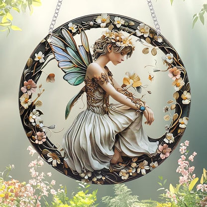 Butterfly Girl Fairy Suncatcher Acrylic Flower Fairy Window Hanging Stained Sun Catchers Indoor Window Decor with Chain Home Garden Decoration 7.8 inch YKA188 (A)