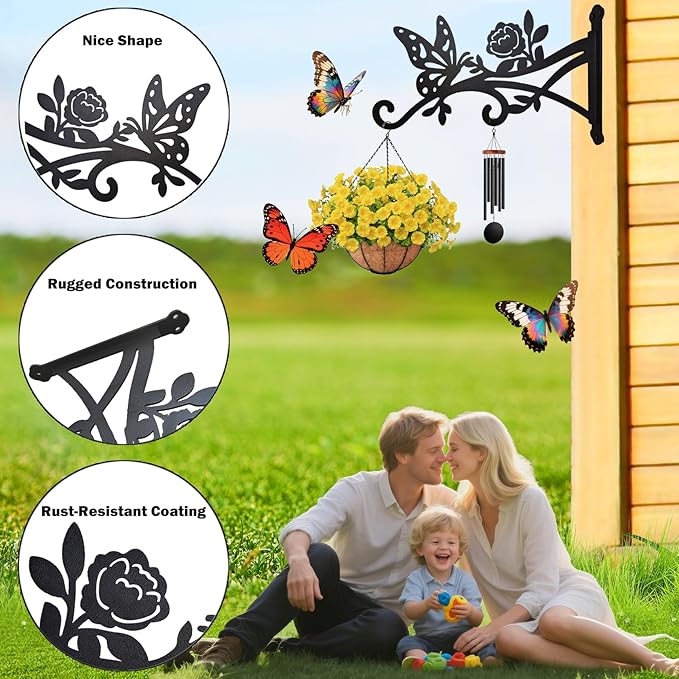 4 Pcs Plant Hangers Outdoor,9 inch Metal Hanging Plant Bracket with Butterfly Pattern,Heavy Duty Plant Hooks for Hanging Plants,Bird Feeder,Lantern