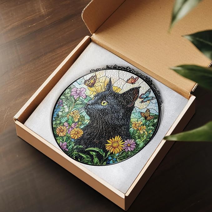Black Cat Stained Glass Suncatcher – Floral Pet Memorial Window Hanging Decor, Sympathy Gift for Cat Owners, Home & Garden Decoration, Birthday, Christmas, for Women, Friends