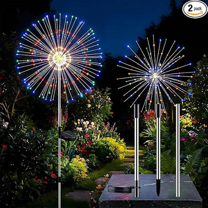 2 Pack Solar Firework Lights Outdoor, Adjustable 32" to 51" Extra Tall, 200 LED Stainless Steel 3-Section Pole, 8 Modes Waterproof Starburst Garden Lights for Yard Pathway Walkway Decor