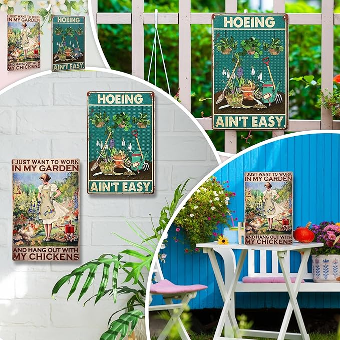 MorningRo 2 Pcs Funny Metal Tin Garden Sign 12'' x 8'' Gifts for Plant Lovers Women Grandma Mom Garden Decor Metal Tin Sign for Farmhouse Greenhouse Patio Yard Wall Decor Indoor Outdoor(Female, Home)