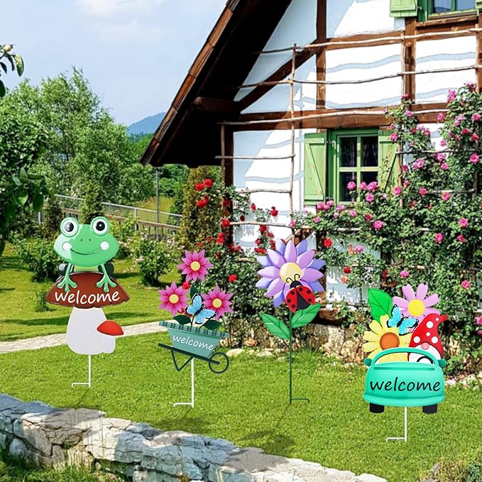 WONDER GARDEN Welcome Decorative Garden Stakes, 4Pcs Flower Metal Yard Signs Lawn Stake with Frog, Mushroom, Gnome, Butterfly and Ladybug for Outdoor Decorations