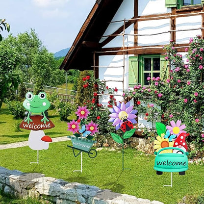 WONDER GARDEN Welcome Decorative Garden Stakes, 4Pcs Flower Metal Yard Signs Lawn Stake with Frog, Mushroom, Gnome, Butterfly and Ladybug for Outdoor Decorations