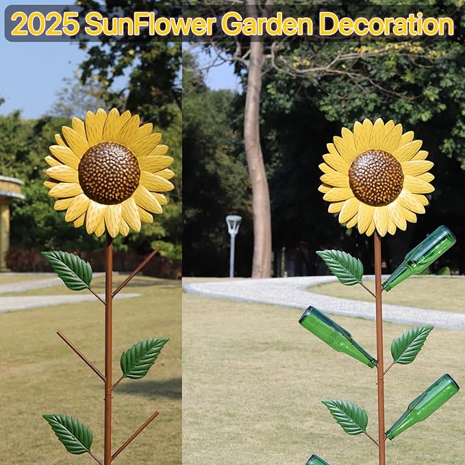 Metal Sunflower Glass Bottle Tree Stake for OutdoorColorful Garden Decorative Bottle Holder & Outdoor