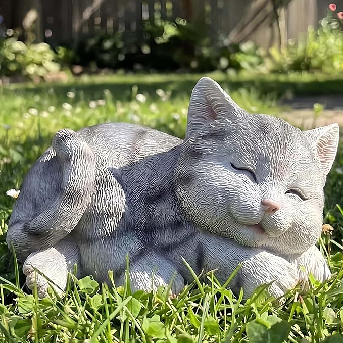 Sleeping Grey Tabby Garden Statue - Resin Realistic Mini Cat Sculpture, Pet Loss Memorial Stone, for Cat Lovers, Indoor/Outdoor Decor, Animal Figurine for Yard Ornaments