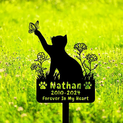 Custom Butterfly Cat Grave Marker Outdoor Metal Memerial Stake, Personalized Cat Memorial Grave Marker with Paws, Customized Flowers Cat Memorial Statue Plaque Garden Stake Cat Headstone