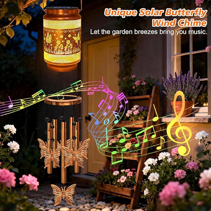 2 Pack Butterfly Solar Wind Chimes for Outside, Gifts for Mothers Day Mom Women Grandma Birthday Memorial Teacher, 32" Windchimes Outdoor Decor Hanging Solar Lantern for Garden Porch Patio Backyard