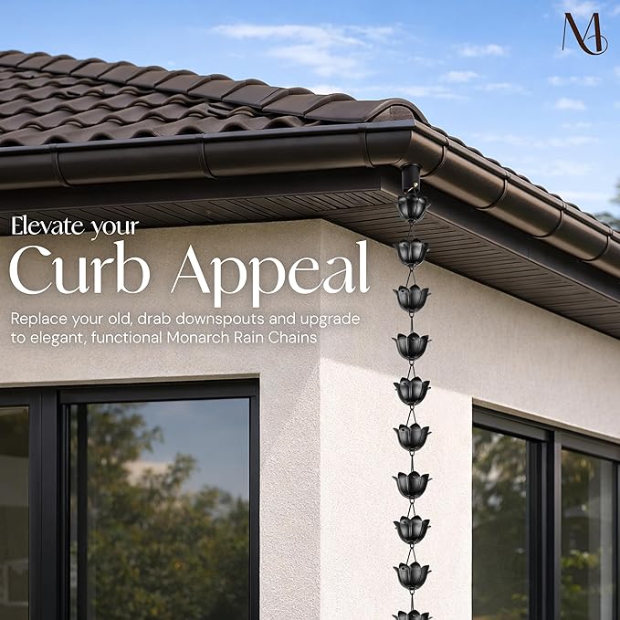 Monarch Rain Chains Aluminum Lotus Black Rain Chains for Gutters – 8.5 ft Black Decorative Rainchain Outdoor Durable Heavy Duty Gutter Chain Downspout, Modern Rainchains for Outside