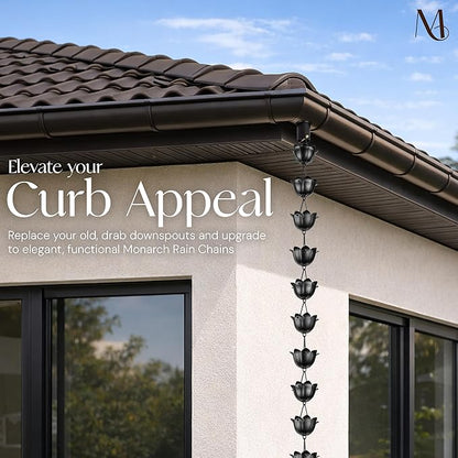 Monarch Rain Chains Aluminum Lotus Black Rain Chains for Gutters – 8.5 ft Black Decorative Rainchain Outdoor Durable Heavy Duty Gutter Chain Downspout, Modern Rainchains for Outside