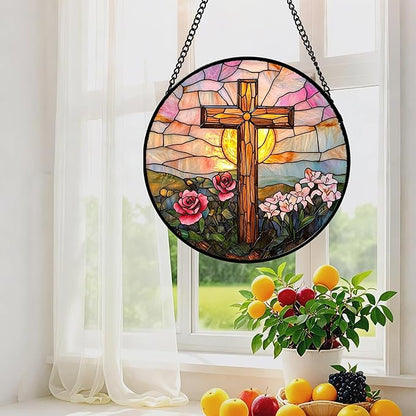 DASTOLL Christian Gifts for Women - Cross Stained Glass Window Hanging Easter Pink Flower Sunset Landscape Sun Catcher Garden Religion Decor Mother's Day Catholic Gift for Men Grandma Nana Her 11.8"