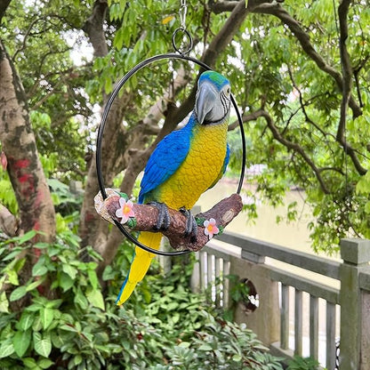 Hanging Scarlet Macaw Parrot Perching on Branch in Metal Round Ring for Home Patio Garden Decor 16" H (Blue and Yellow)