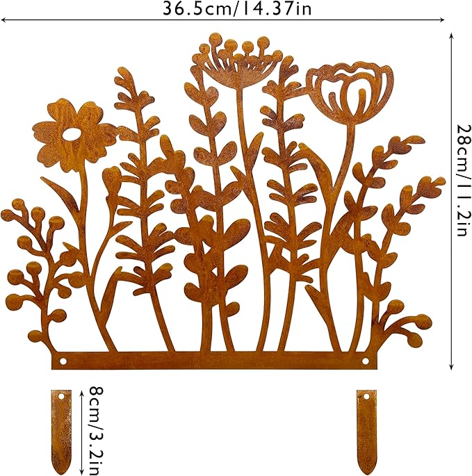 Metal Wild Flowers Stakes 14.4 * 14.0 inches, Metal Flowers Yard Art, Decorative Garden Stakes, Fence Topper Decor, Lawn Art Decor Plants Yard Decorations for Outdoor with Rusty Paint Process