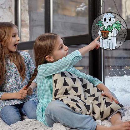 Cute Ghost Plant Stained Glass Sun Catcher Window Hanging Plant Lovers Gifts for Women Wall Decor Handmade SunCatcher Decoration for Garden Home Decor, 7.87inch
