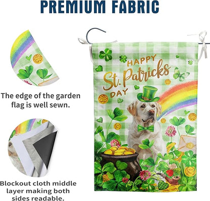 White Lab St Patricks Day Garden Flag Labrador Dog St Patrick's Day Yard Flags for Outside 12x18 Double Sided Buffalo Plaid Shamrock Flag Small Outdoor Rainbow St Patrick's Decor