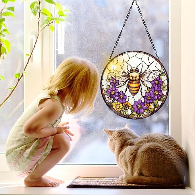 Bimkole Bee Stained Glass Suncatcher Window Hanging - Flowers Design for Indoor Window or Doorway Decoration - 7.87x7.87 inch with Chain and Hook - Unique Home Decor Gift