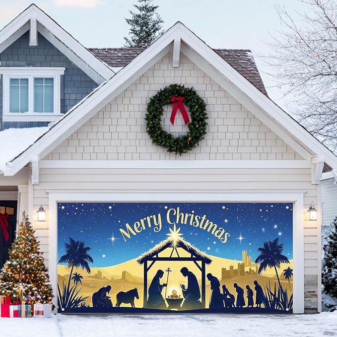 HOMETITUTE Christmas Garage Door Banner 13x6ft Holy Nativity Manger Scene Theme Backdrop Holiday Seasonal Decor Winter Door Cover Banners for Outside Garage Wall Covering for Party