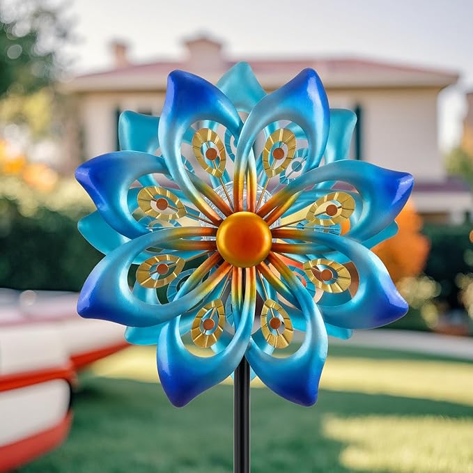 Solar Wind Spinners Outdoor - H60xW13 Metal Yard Art Kinetic Wind Spinners with Colorful LED Crackle Ball, Peacock-Style Windmill for Yard Lawn Garden Decor, Gardening Gifts for Women