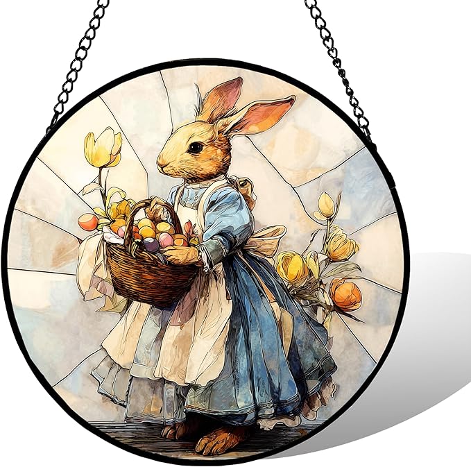7.88'' Stained Glass Window Hanging, Colorful Egg Rabbit Sun Catchers Glass Panel Bunny Suncatcher Decor with Hook Chain for Mother's Day Birthday for Women, Men, Wife, Aunt, and Mom