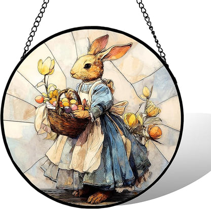 7.88'' Stained Glass Window Hanging, Colorful Egg Rabbit Sun Catchers Glass Panel Bunny Suncatcher Decor with Hook Chain for Mother's Day Birthday for Women, Men, Wife, Aunt, and Mom