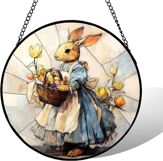 7.88'' Stained Glass Window Hanging, Colorful Egg Rabbit Sun Catchers Glass Panel Bunny Suncatcher Decor with Hook Chain for Mother's Day Birthday for Women, Men, Wife, Aunt, and Mom