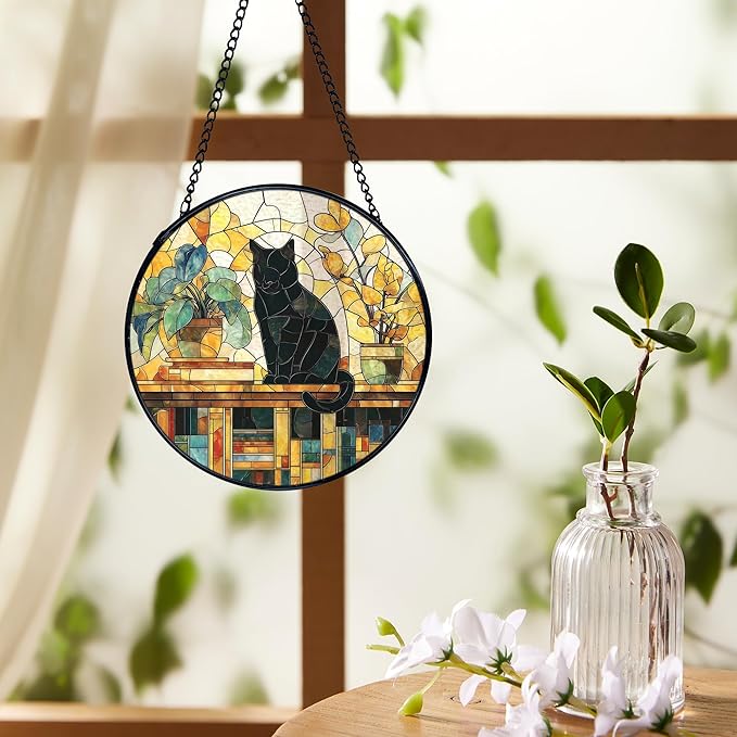 Black Cat Gifts, Cat Suncatchers Stained Glass Window Hanging, Cats Gifts for Women, Book Sun Catchers Indoor Window Glass Round Wall Decor, 7.9x7.9in